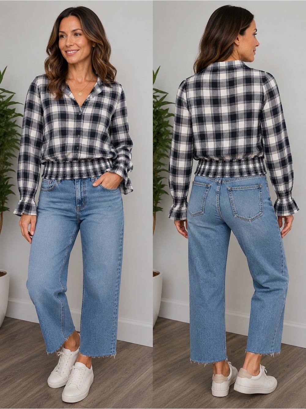 🩷. 1039. Women’s Black & White Plaid Jeans-Friendly Waist Blouse